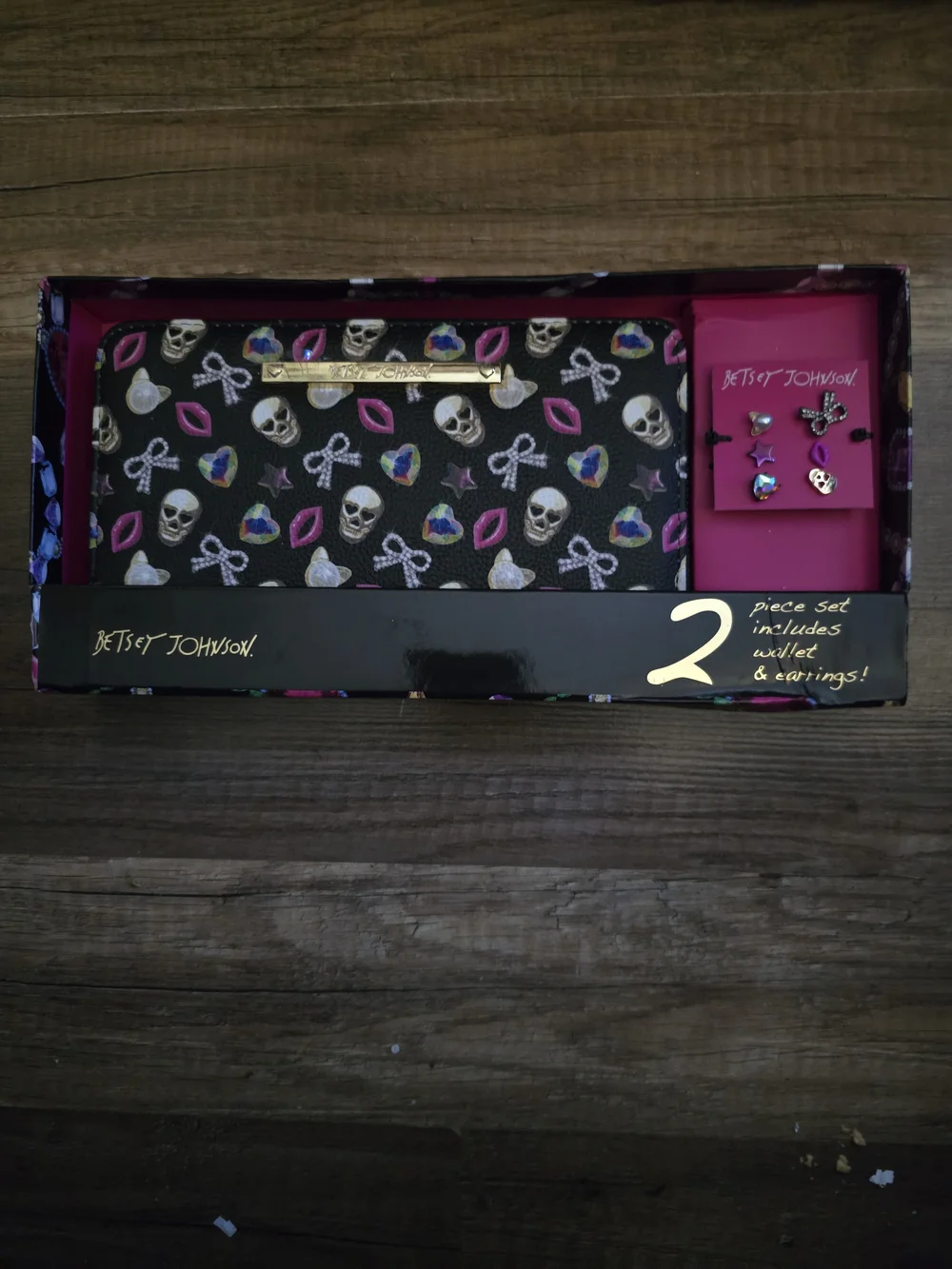 Betsey Johnson Black Wallet & Earring Set with Pink, White and Rainbow Accents